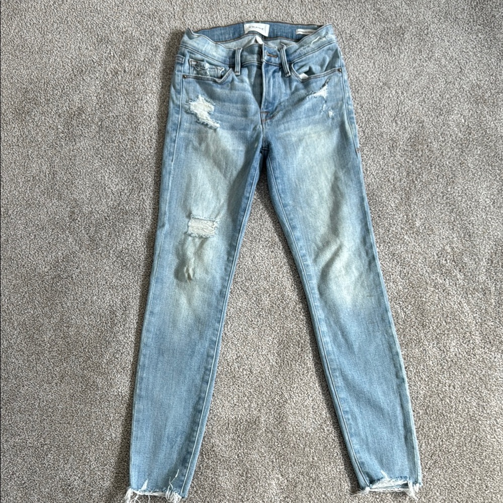 Frame Denim Blue Skinny Jeans with Distressed Details
